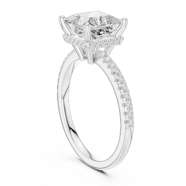 Modern Princess Cut Ring with Delicate Under-Halo and Sparkling Pave Diamond Band