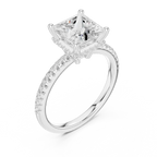 Modern Princess Cut Ring with Delicate Under-Halo and Sparkling Pave Diamond Band