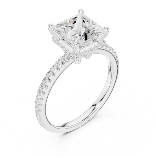 Modern Princess Cut Ring with Delicate Under-Halo and Sparkling Pave Diamond Band