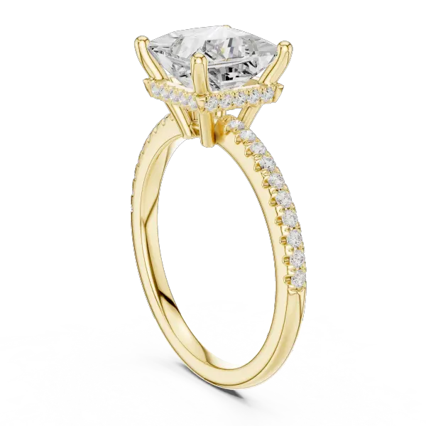 Modern Princess Cut Ring with Delicate Under-Halo and Sparkling Pave Diamond Band