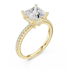 Modern Princess Cut Ring with Delicate Under-Halo and Sparkling Pave Diamond Band
