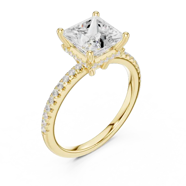 Modern Princess Cut Ring with Delicate Under-Halo and Sparkling Pave Diamond Band
