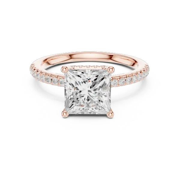 Modern Princess Cut Ring with Delicate Under-Halo and Sparkling Pave Diamond Band