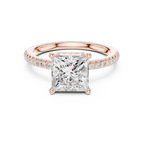 Modern Princess Cut Ring with Delicate Under-Halo and Sparkling Pave Diamond Band
