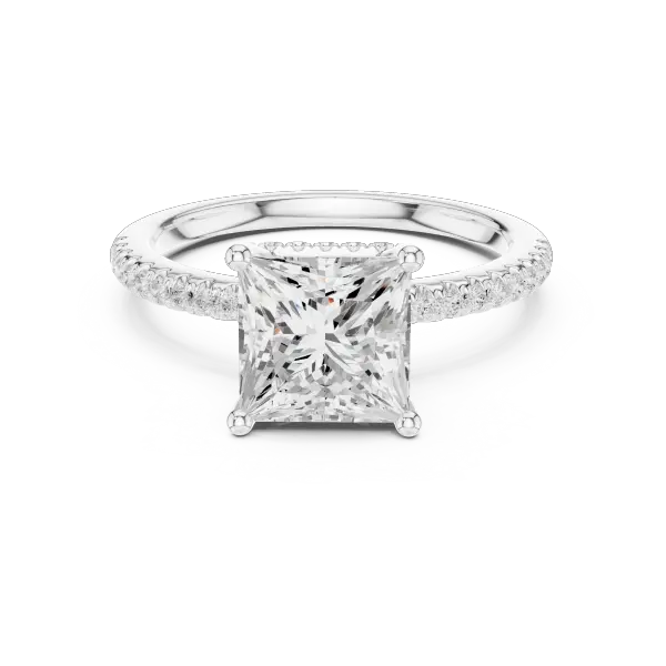 Modern Princess Cut Ring with Delicate Under-Halo and Sparkling Pave Diamond Band