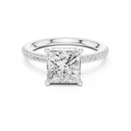 Modern Princess Cut Ring with Delicate Under-Halo and Sparkling Pave Diamond Band