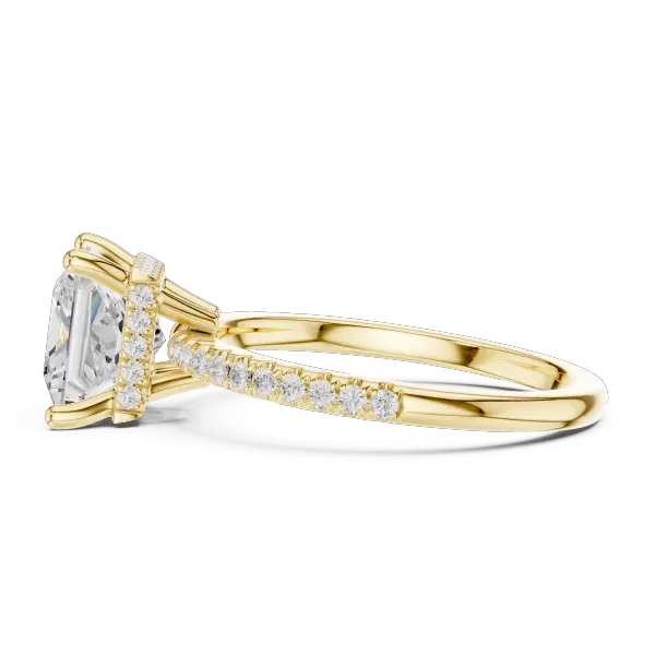 Modern Princess Cut Ring with Delicate Under-Halo and Sparkling Pave Diamond Band