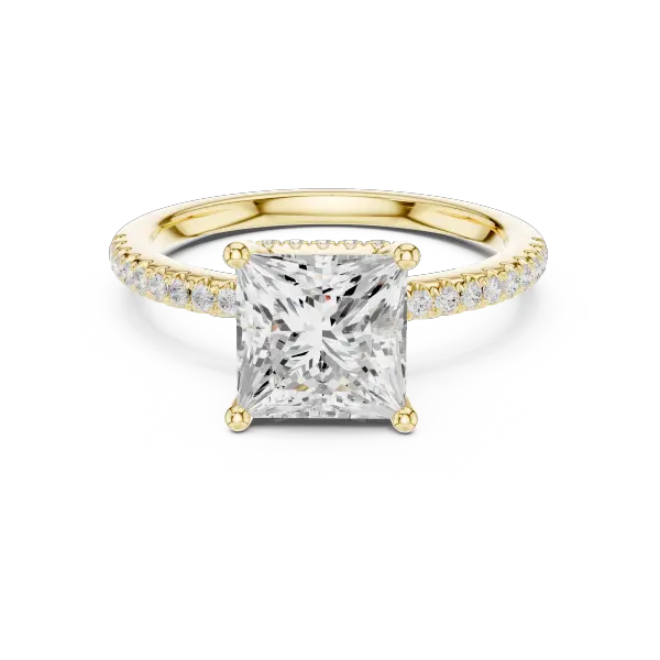 Modern Princess Cut Ring with Delicate Under-Halo and Sparkling Pave Diamond Band