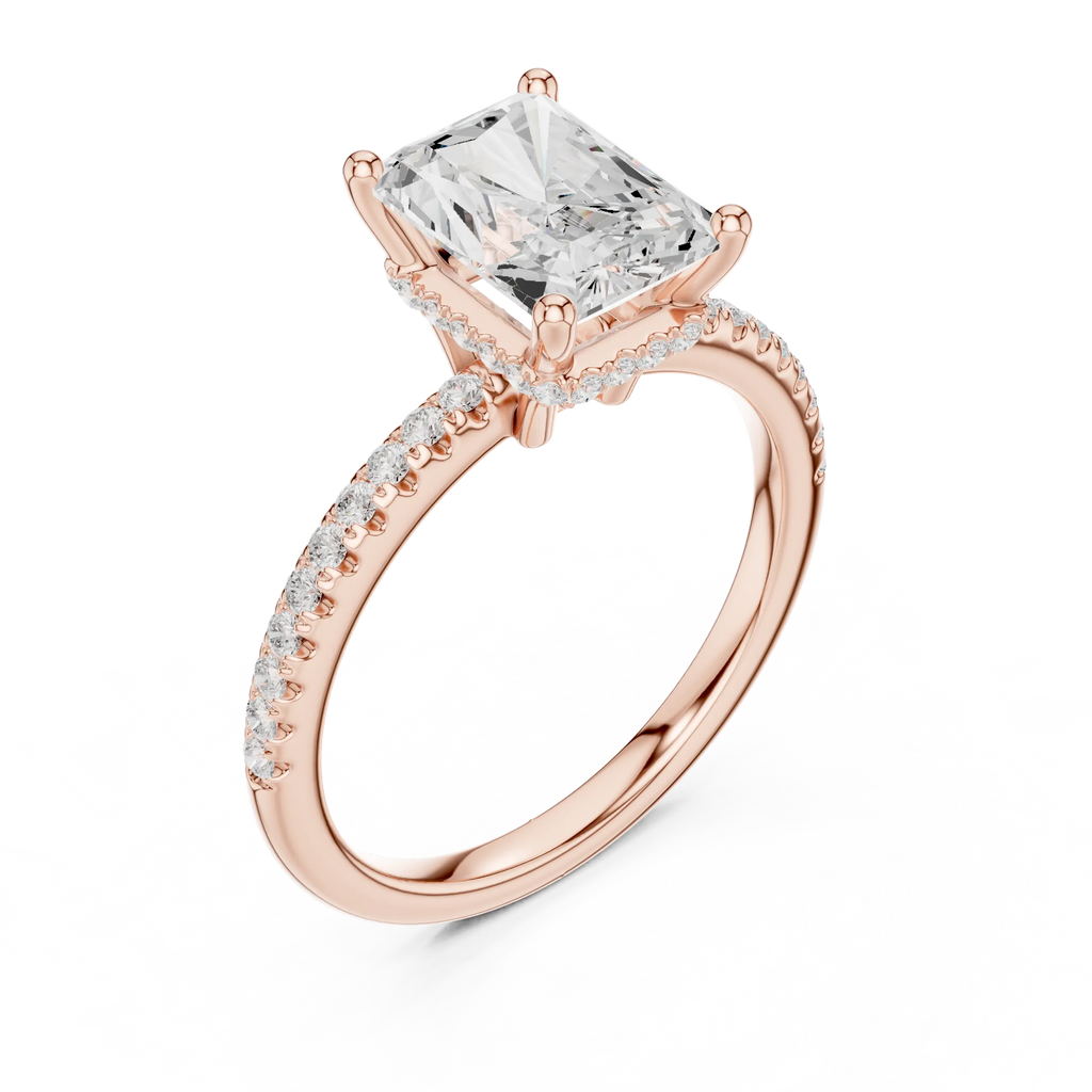 Radiant Cut Engagement Ring with Hidden Halo and Pave Band in 14K White Gold