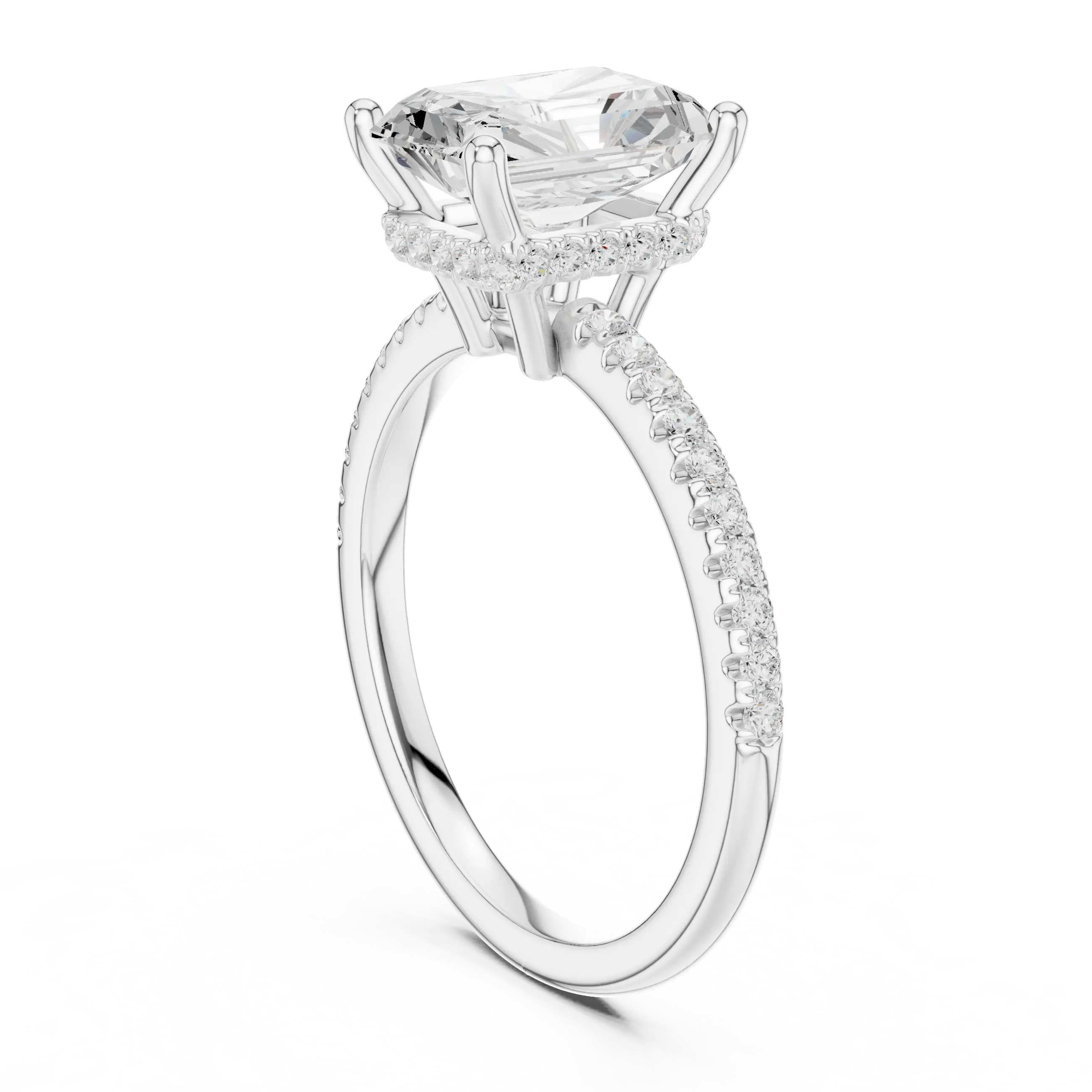 Radiant Cut Engagement Ring with Hidden Halo and Pave Band in 14K White Gold