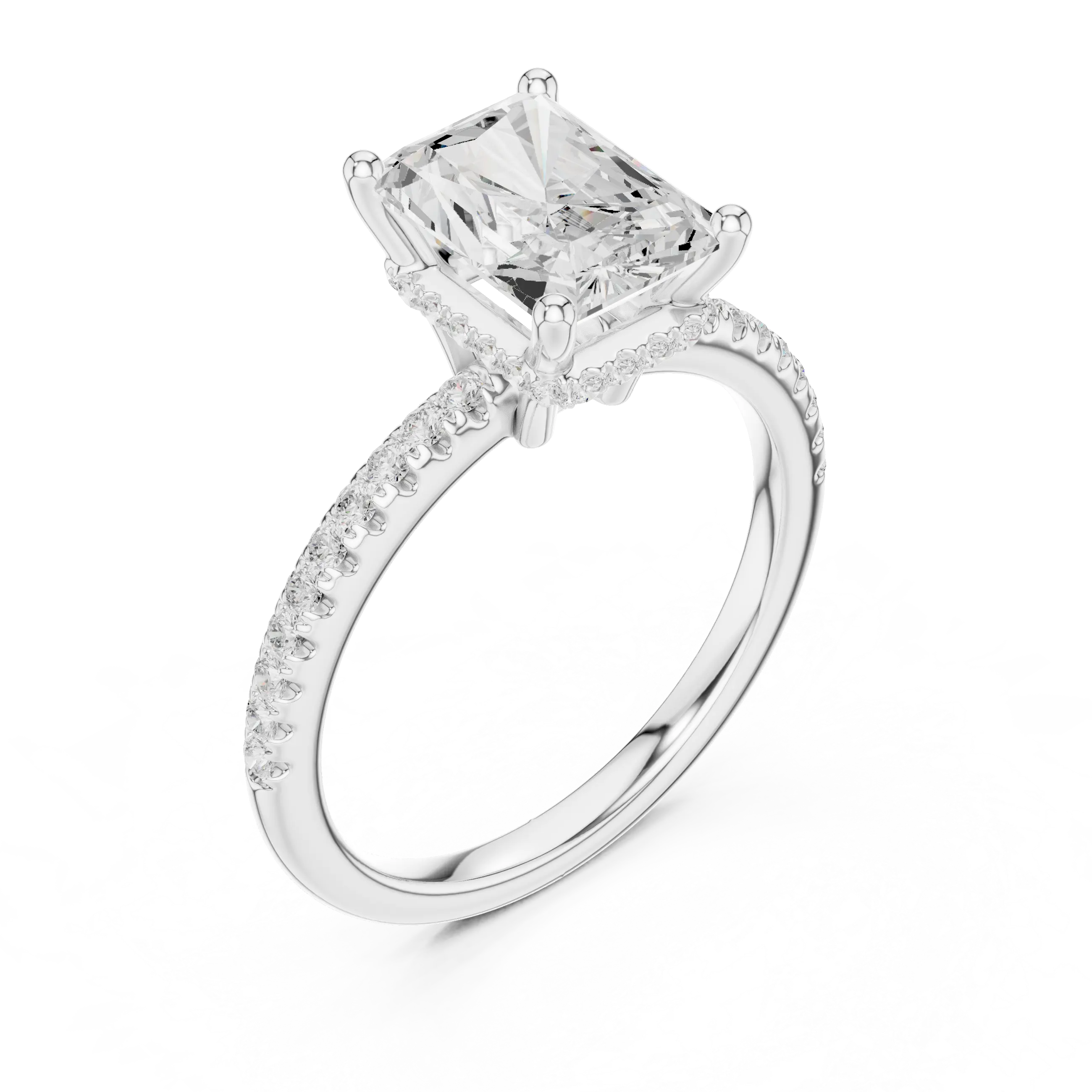 Radiant Cut Engagement Ring with Hidden Halo and Pave Band in 14K White Gold
