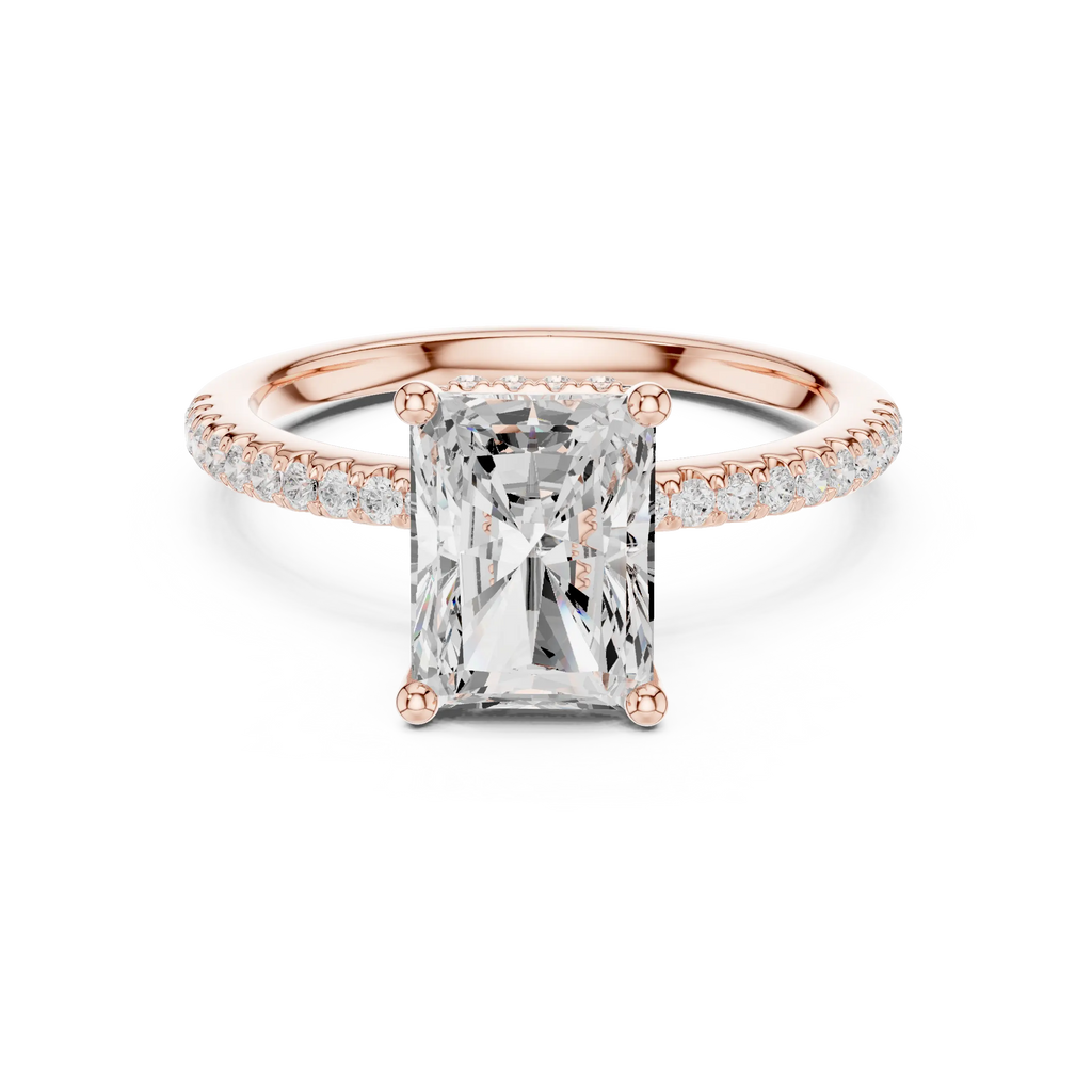 Radiant Cut Engagement Ring with Hidden Halo and Pave Band in 14K White Gold