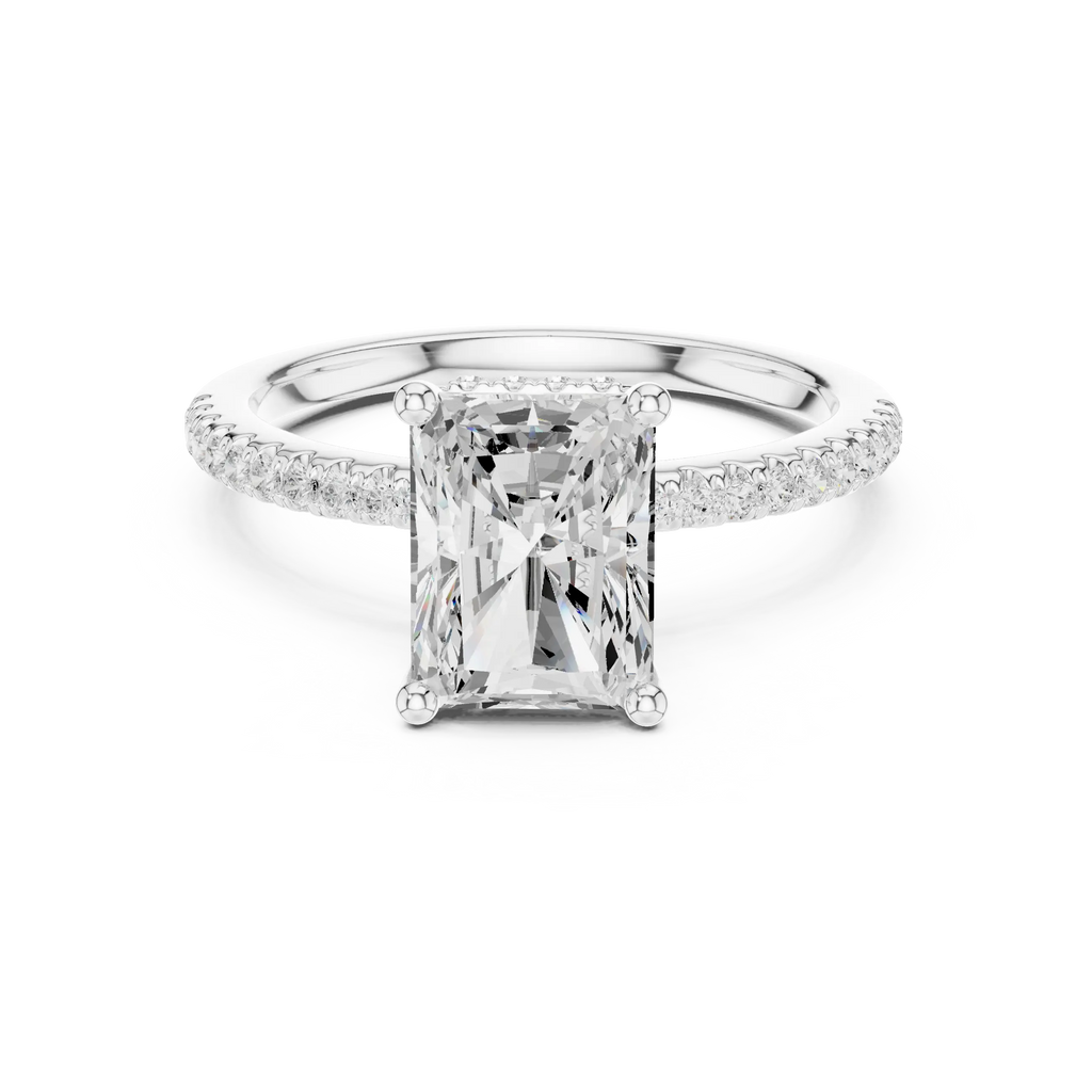 Radiant Cut Engagement Ring with Hidden Halo and Pave Band in 14K White Gold