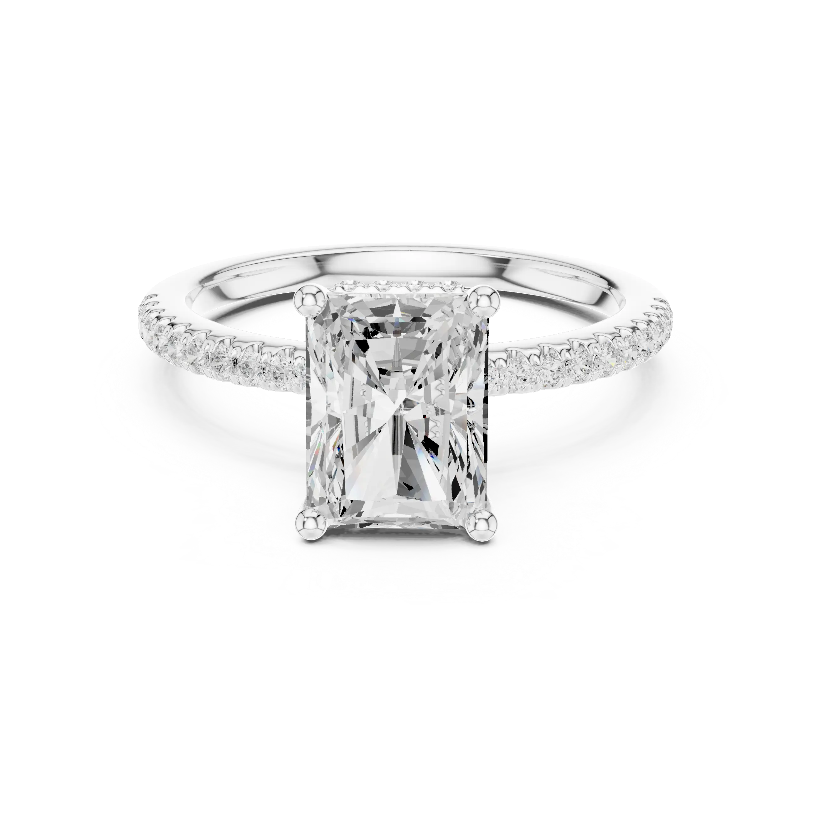 Radiant Cut Engagement Ring with Hidden Halo and Pave Band in 14K White Gold