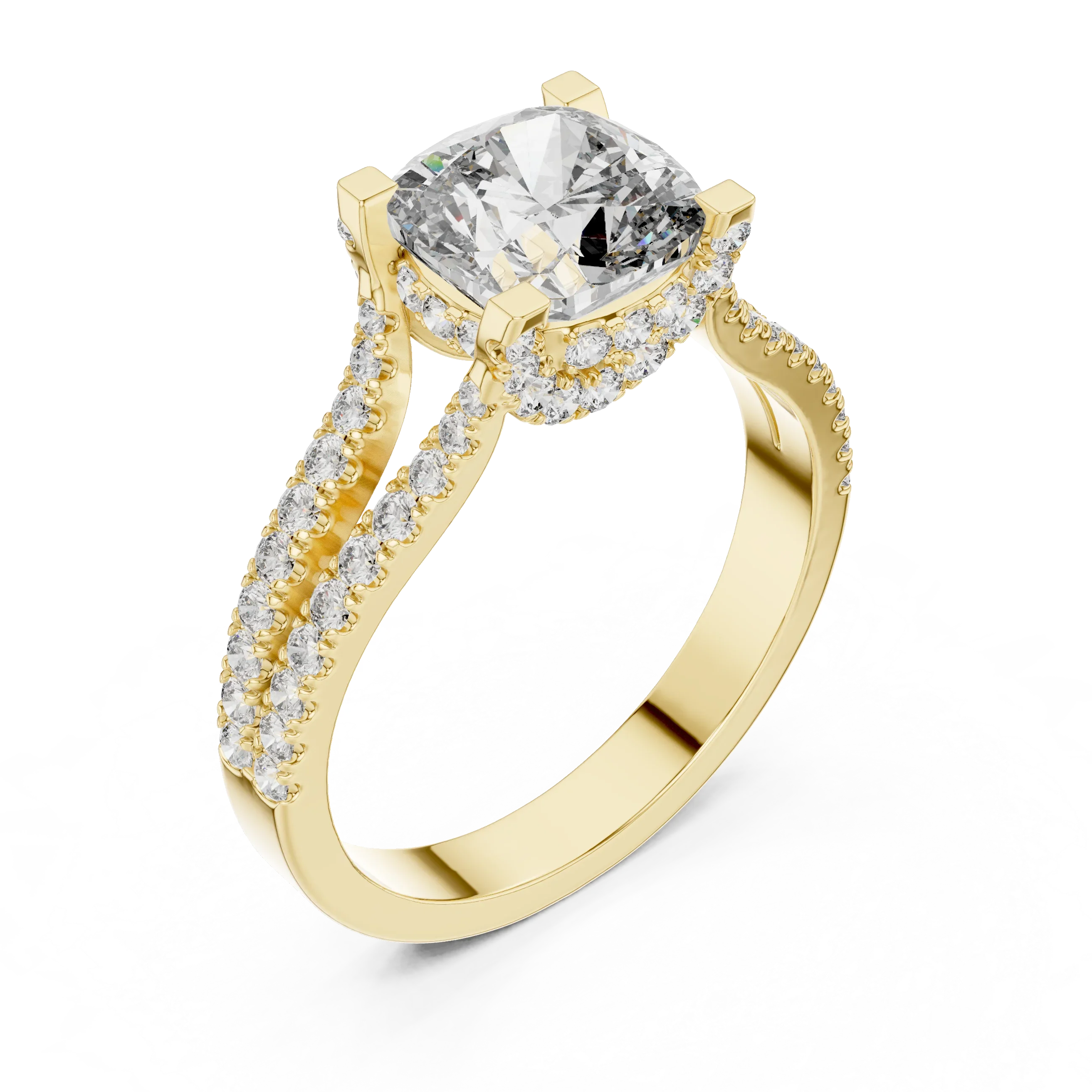 18K Gold Split Shank Cushion Moissanite Ring 2.14 CT