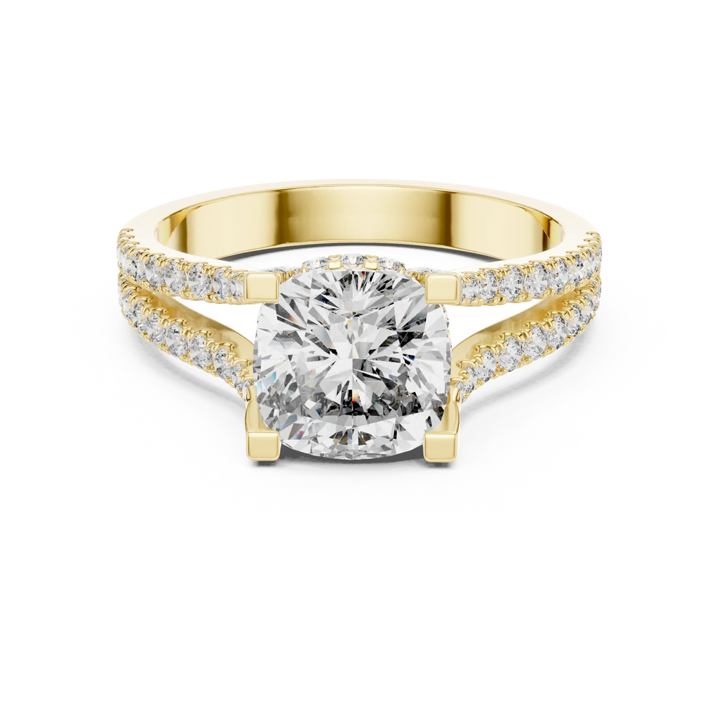 18K Gold Split Shank Cushion Moissanite Ring 2.14 CT