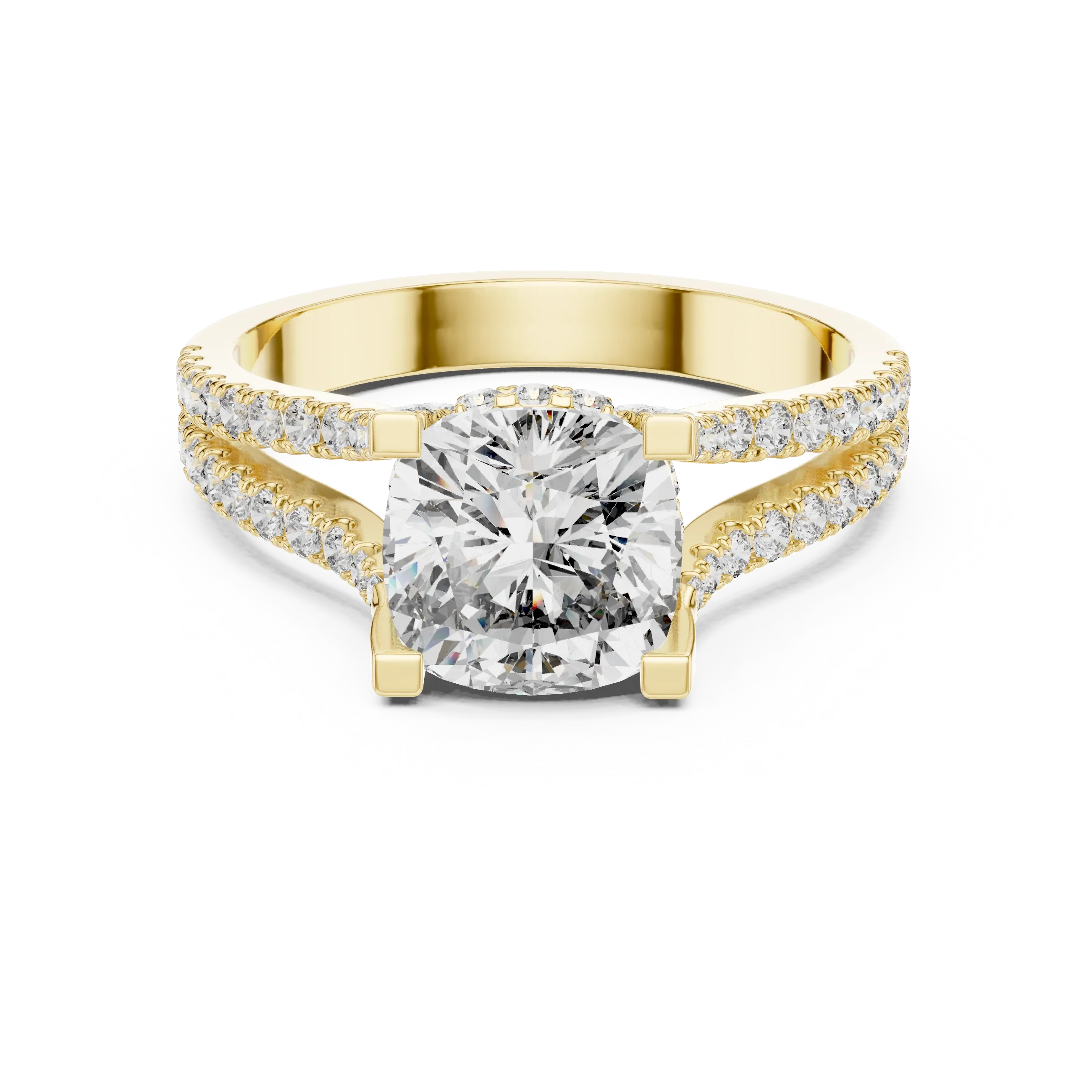 18K Gold Split Shank Cushion Moissanite Ring 2.14 CT