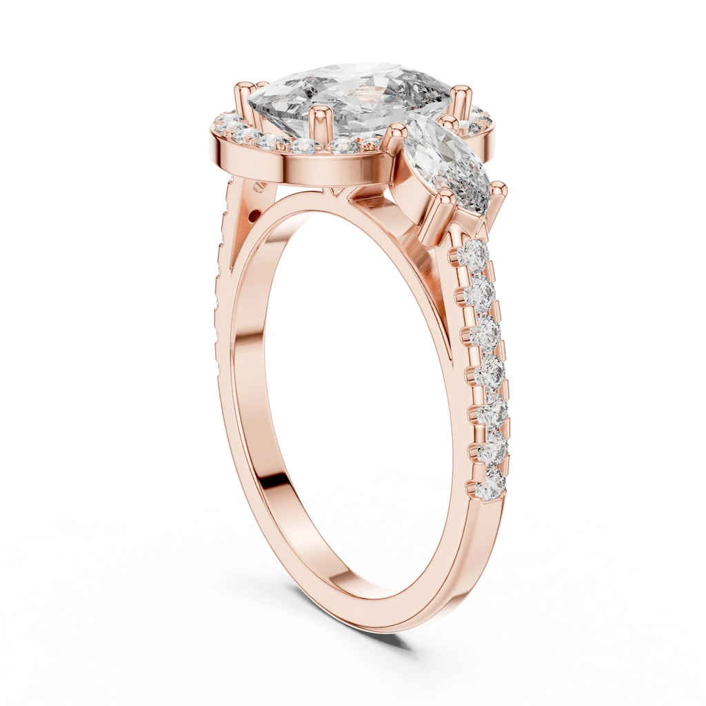 Three-Stone Halo Oval Moissanite Diamond 14K Gold Engagement Ring