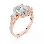 Three-Stone Halo Oval Moissanite Diamond 14K Gold Engagement Ring