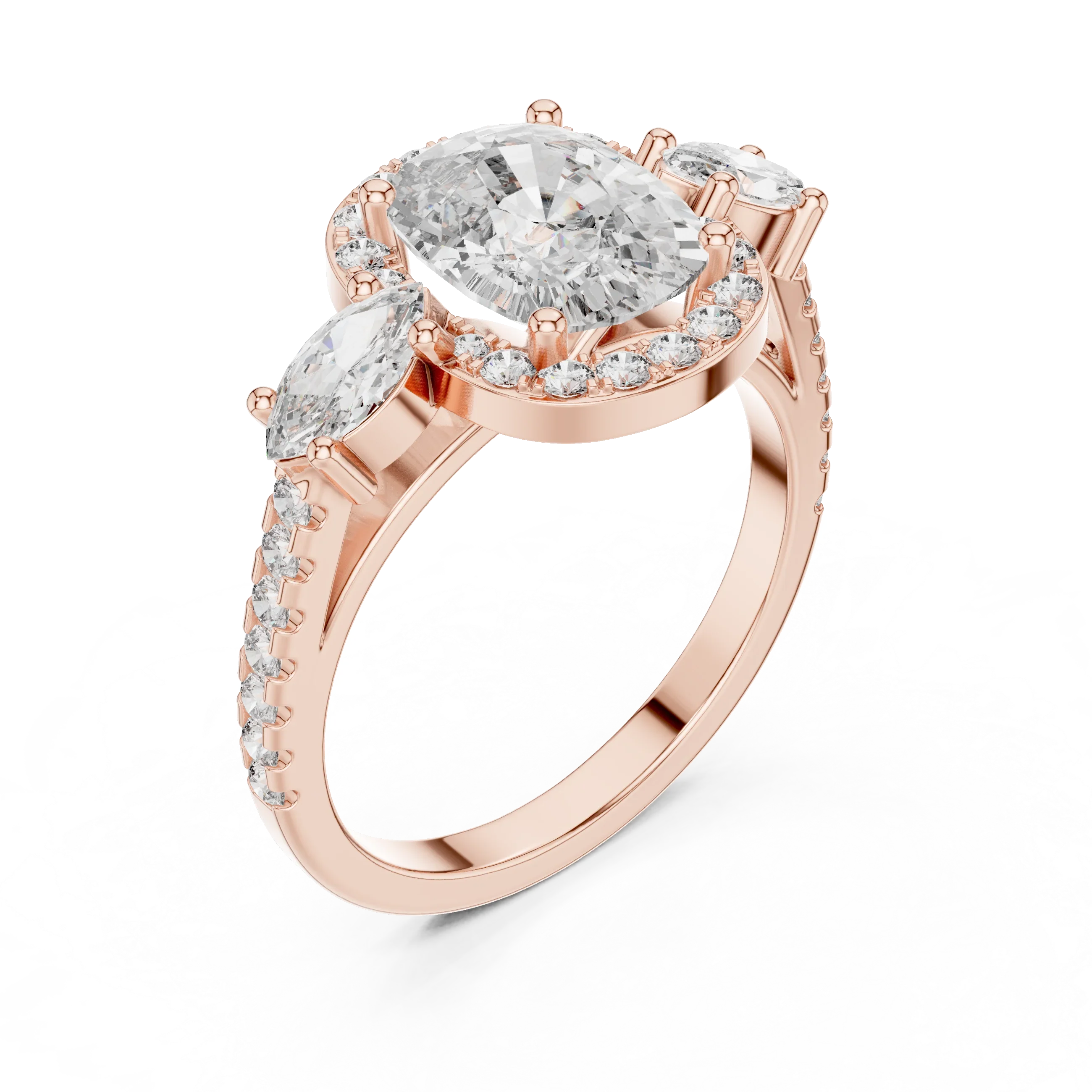 Three-Stone Halo Oval Moissanite Diamond 14K Gold Engagement Ring