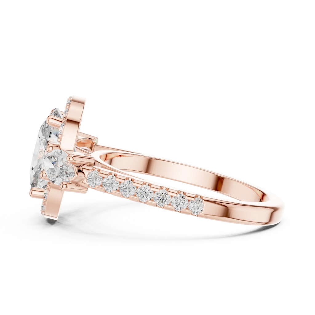 Three-Stone Halo Oval Moissanite Diamond 14K Gold Engagement Ring