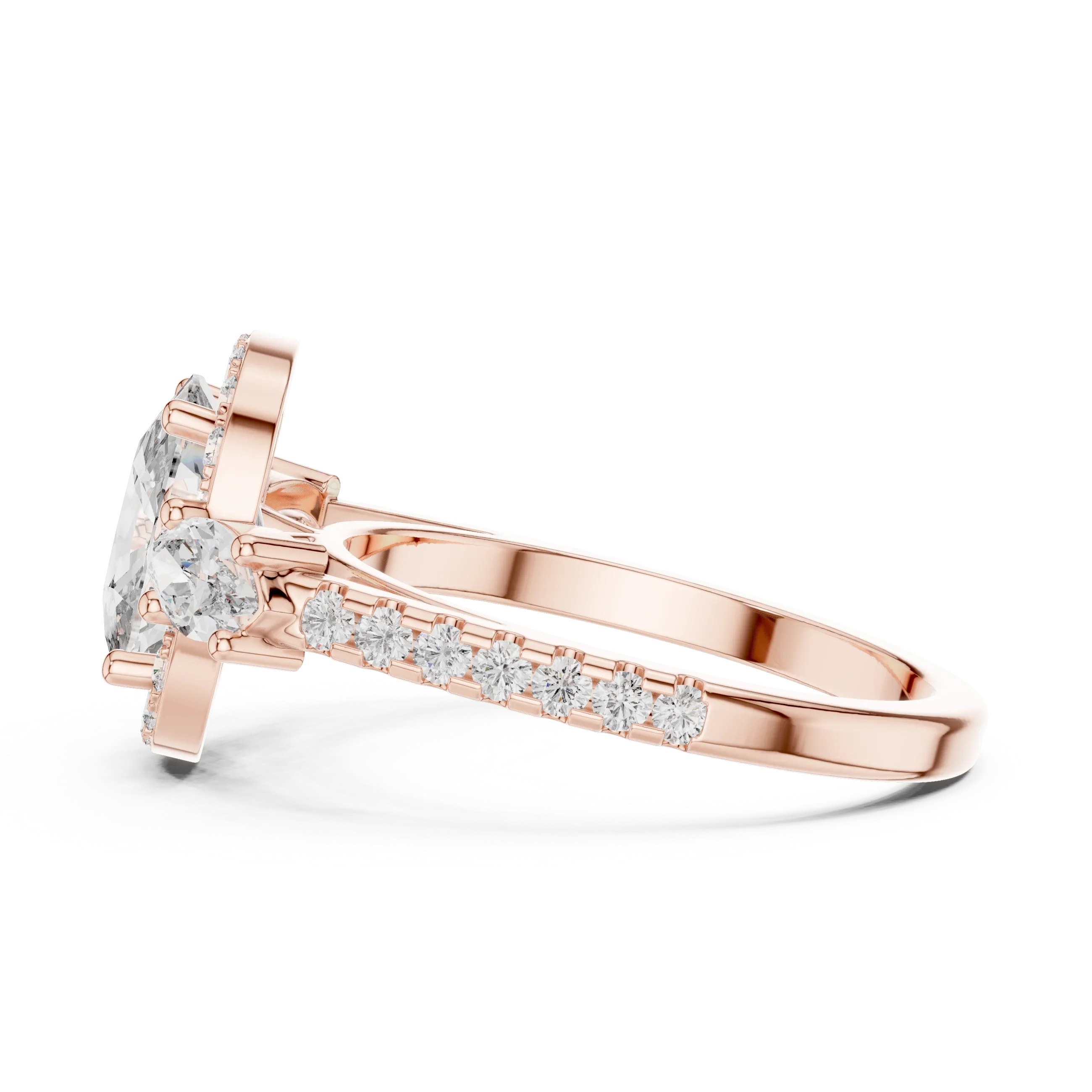 Three-Stone Halo Oval Moissanite Diamond 14K Gold Engagement Ring
