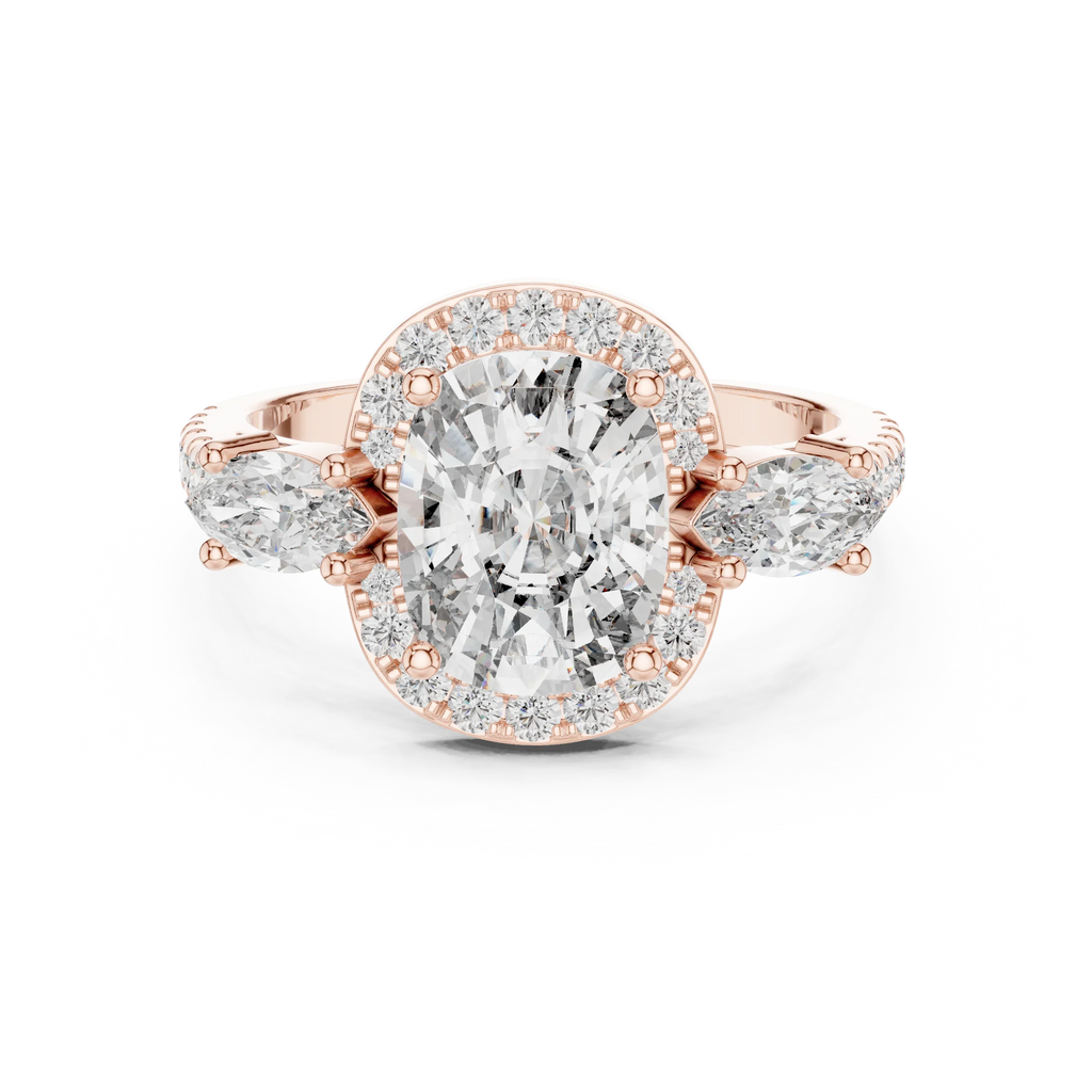 Three-Stone Halo Oval Moissanite Diamond 14K Gold Engagement Ring