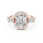 Three-Stone Halo Oval Moissanite Diamond 14K Gold Engagement Ring
