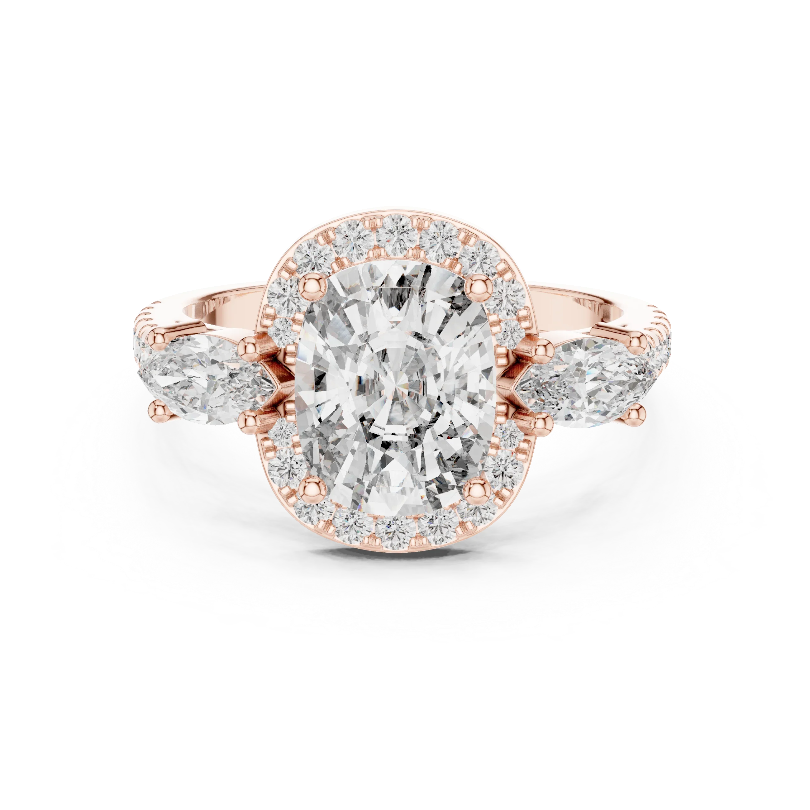 Three-Stone Halo Oval Moissanite Diamond 14K Gold Engagement Ring