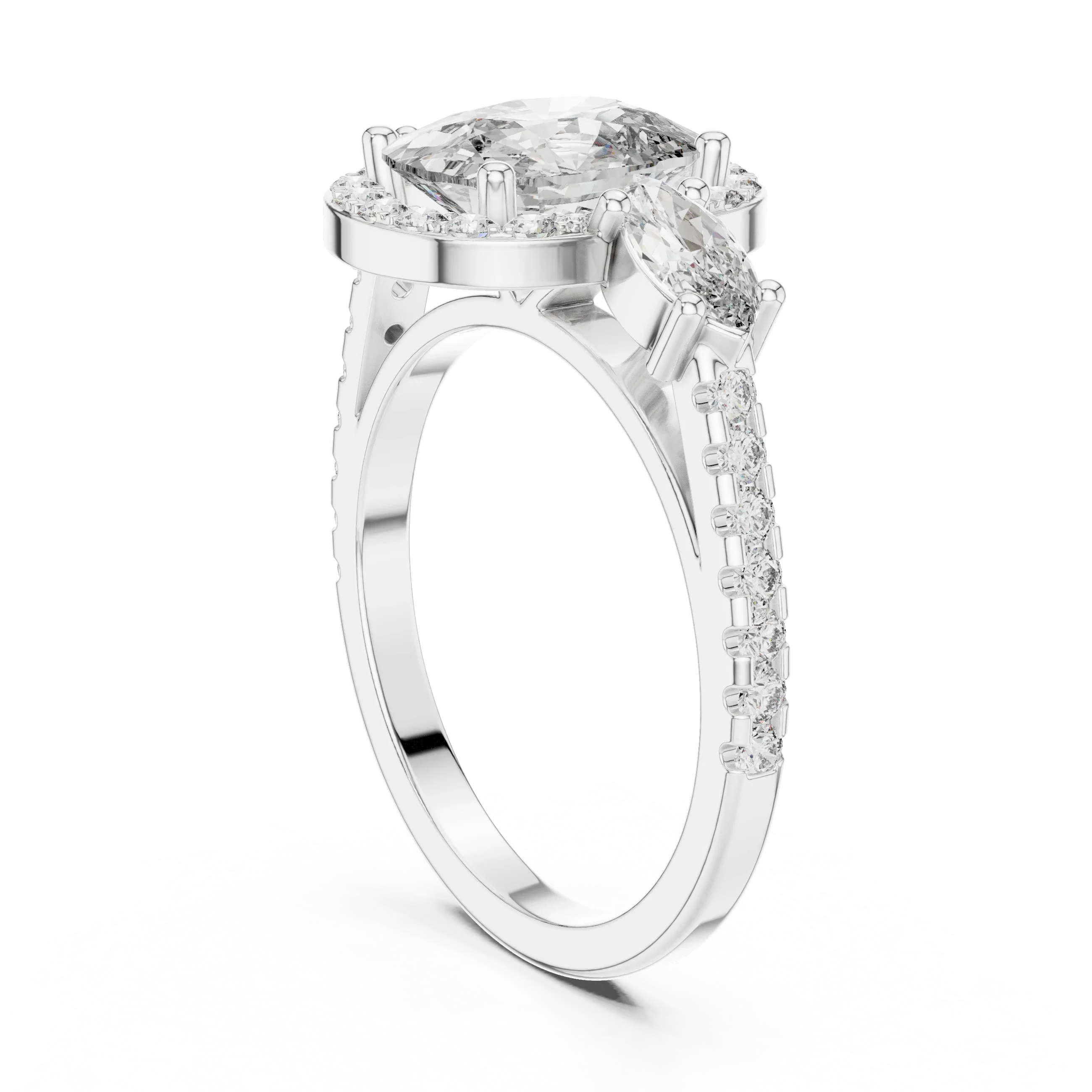 Three-Stone Halo Oval Moissanite Diamond 14K Gold Engagement Ring