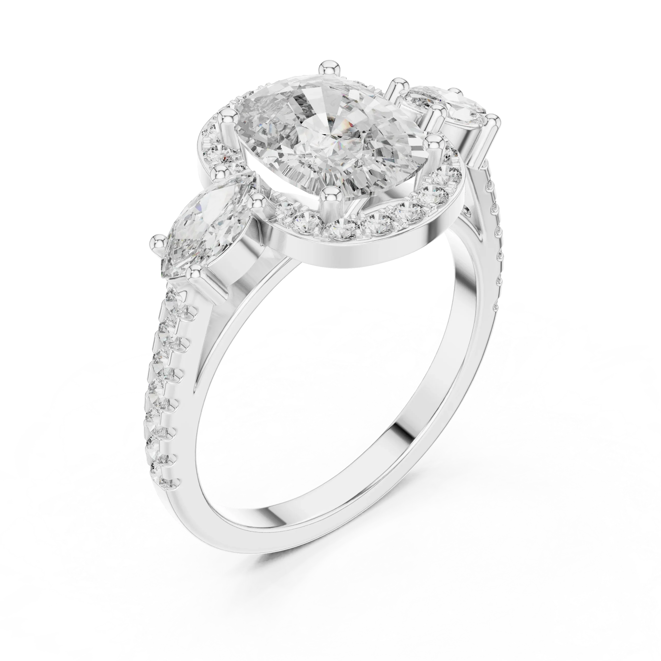 Three-Stone Halo Oval Moissanite Diamond 14K Gold Engagement Ring