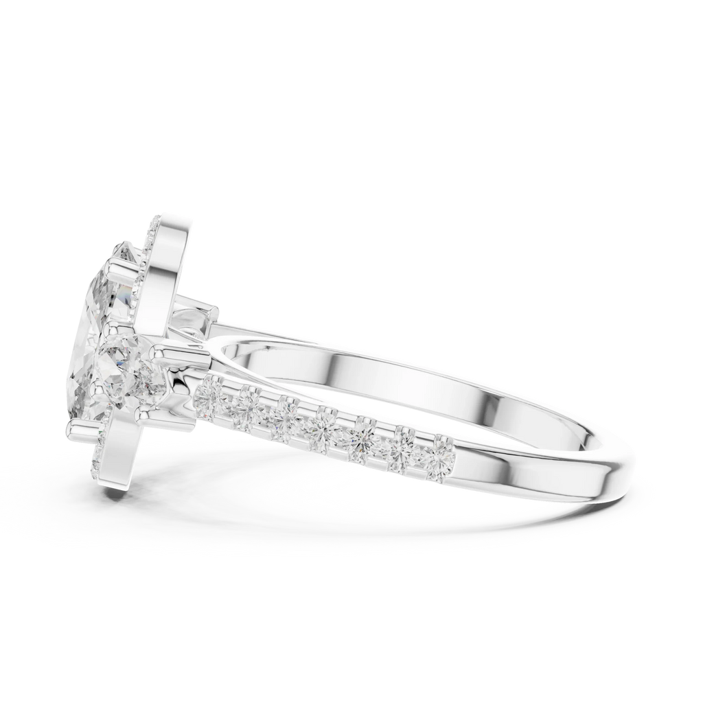 Three-Stone Halo Oval Moissanite Diamond 14K Gold Engagement Ring