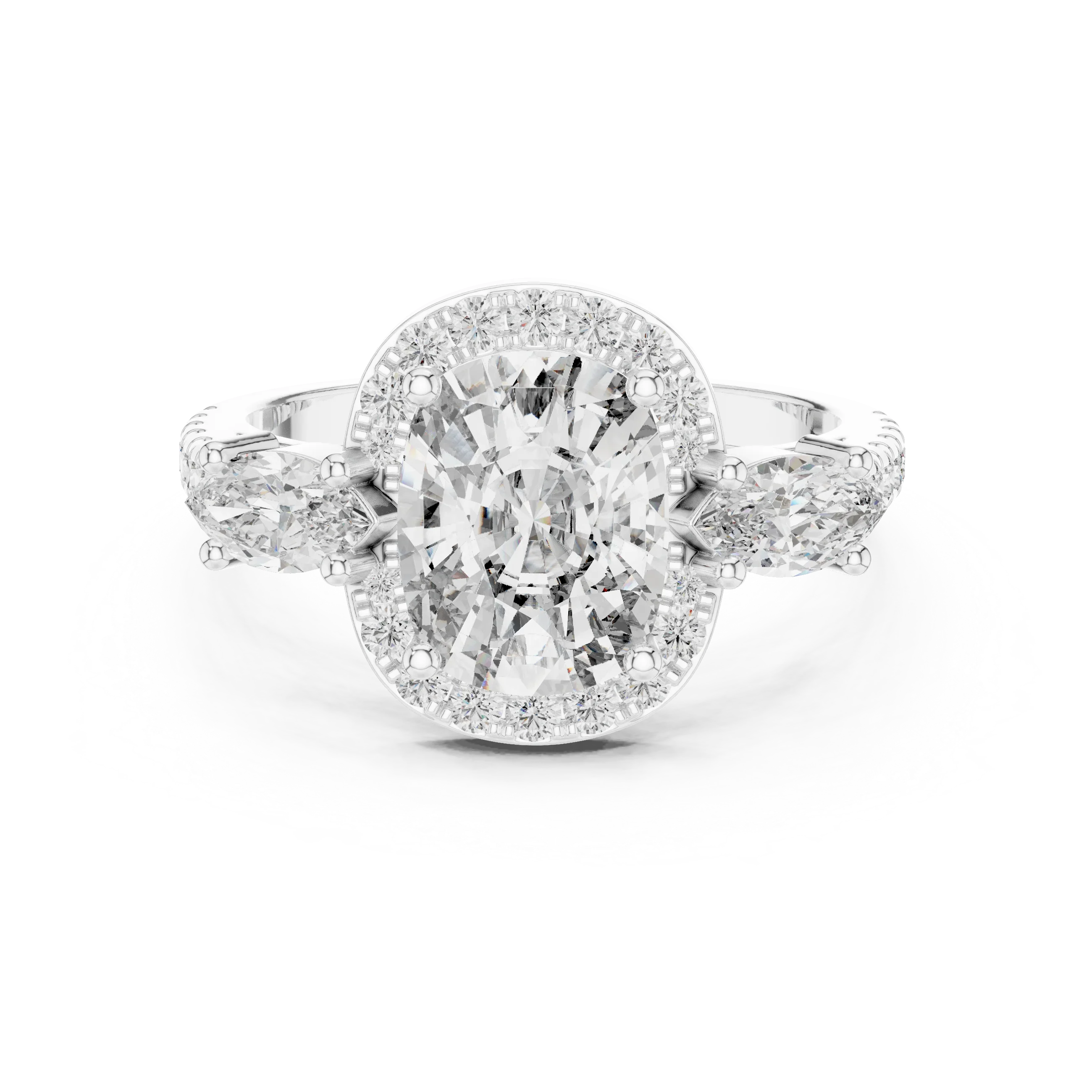 Three-Stone Halo Oval Moissanite Diamond 14K Gold Engagement Ring