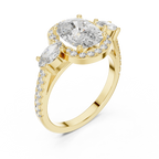 Three-Stone Halo Oval Moissanite Diamond 14K Gold Engagement Ring