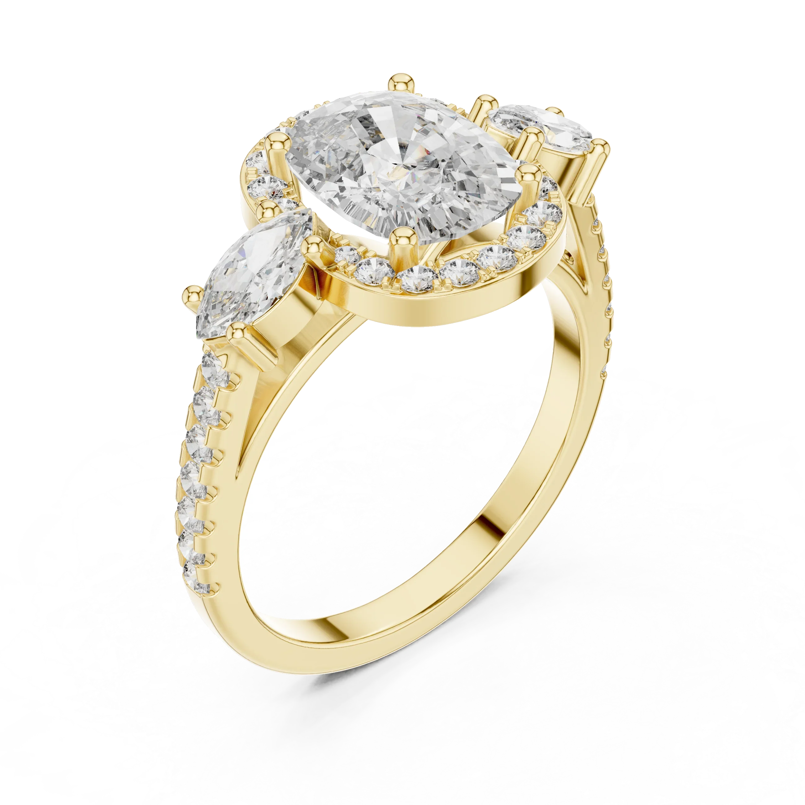 Three-Stone Halo Oval Moissanite Diamond 14K Gold Engagement Ring