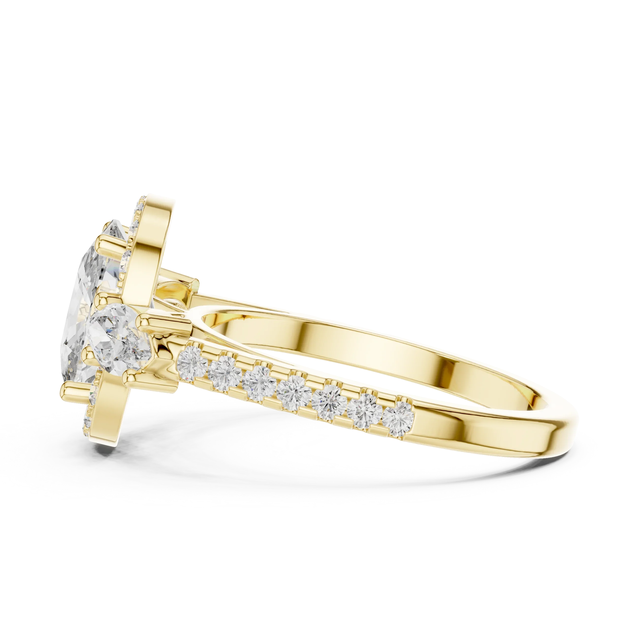 Three-Stone Halo Oval Moissanite Diamond 14K Gold Engagement Ring