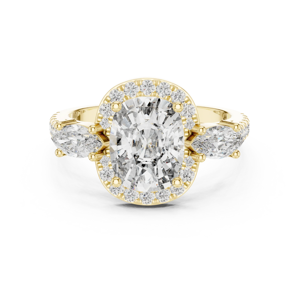 Three-Stone Halo Oval Moissanite Diamond 14K Gold Engagement Ring