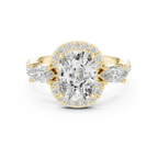 Three-Stone Halo Oval Moissanite Diamond 14K Gold Engagement Ring