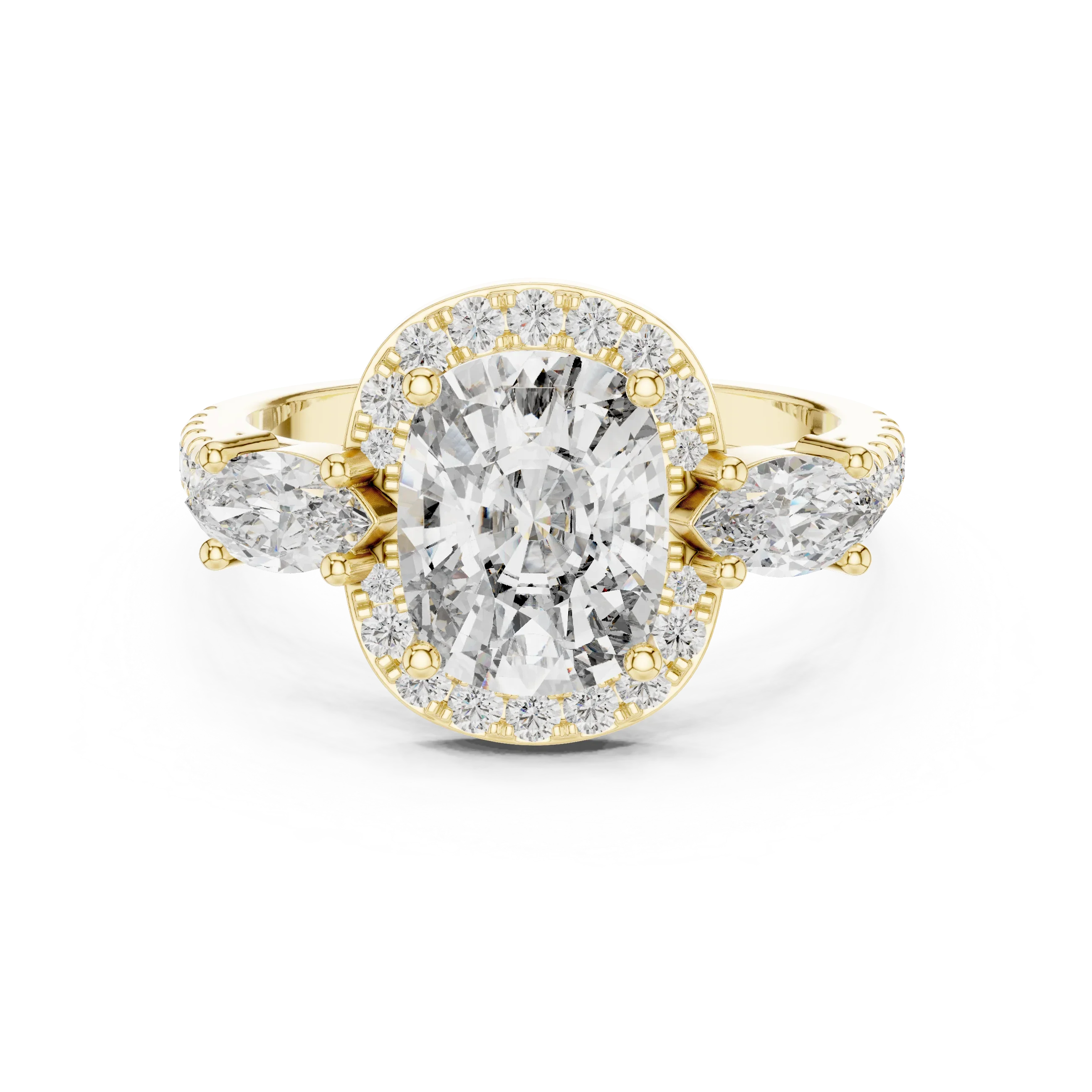 Three-Stone Halo Oval Moissanite Diamond 14K Gold Engagement Ring