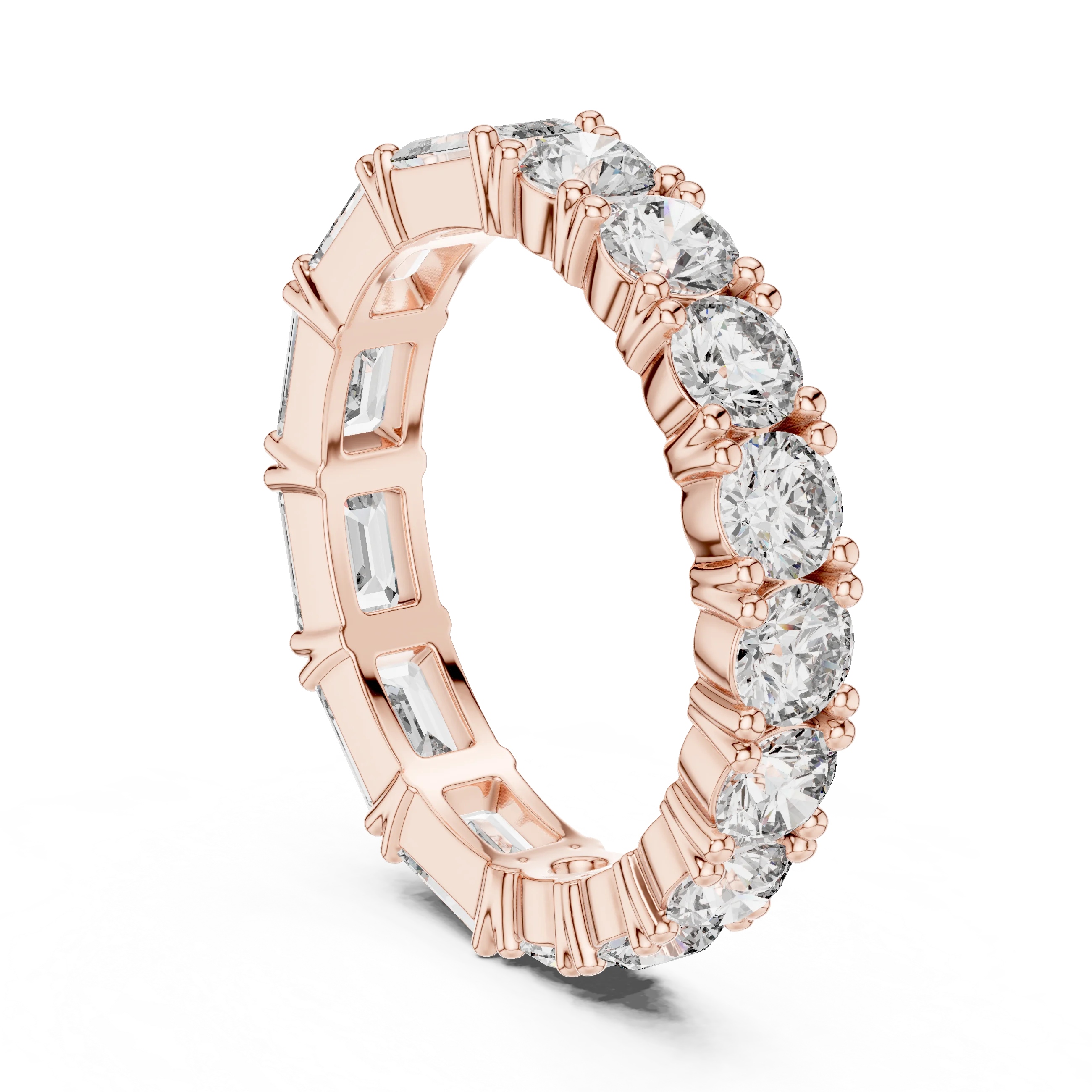 Shared Prong Emerald & Roound Moissanite Eternity Ring 0.99 CTW