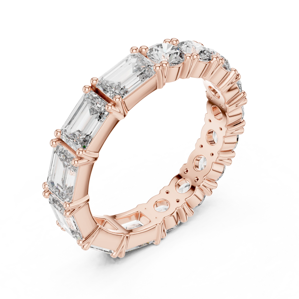Shared Prong Emerald & Roound Moissanite Eternity Ring 0.99 CTW