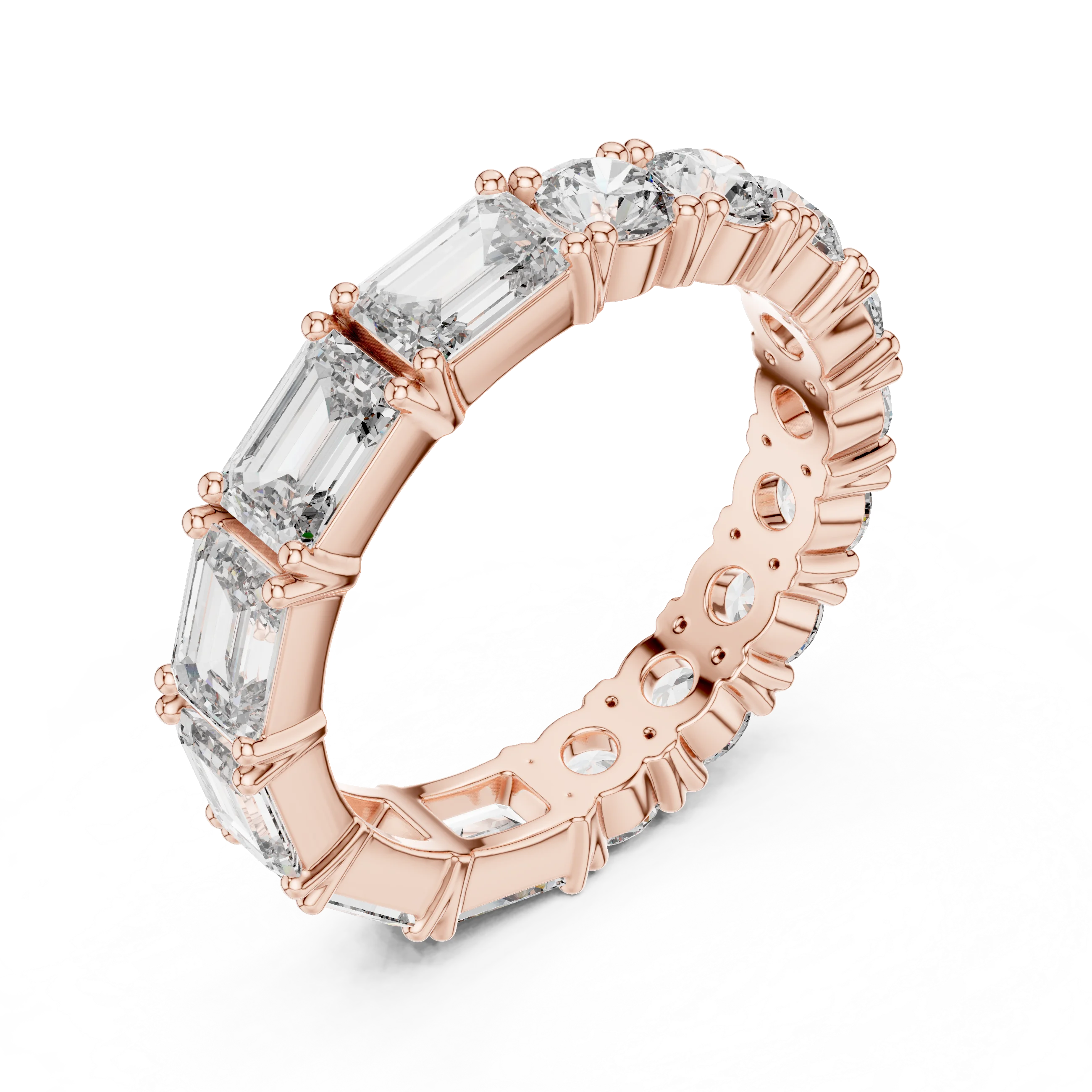 Shared Prong Emerald & Roound Moissanite Eternity Ring 0.99 CTW