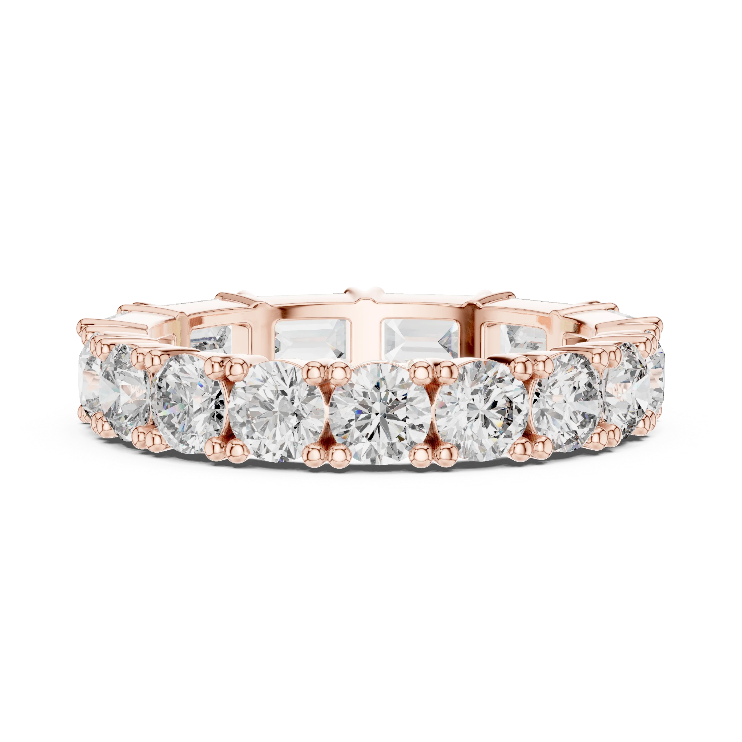Shared Prong Emerald & Roound Moissanite Eternity Ring 0.99 CTW