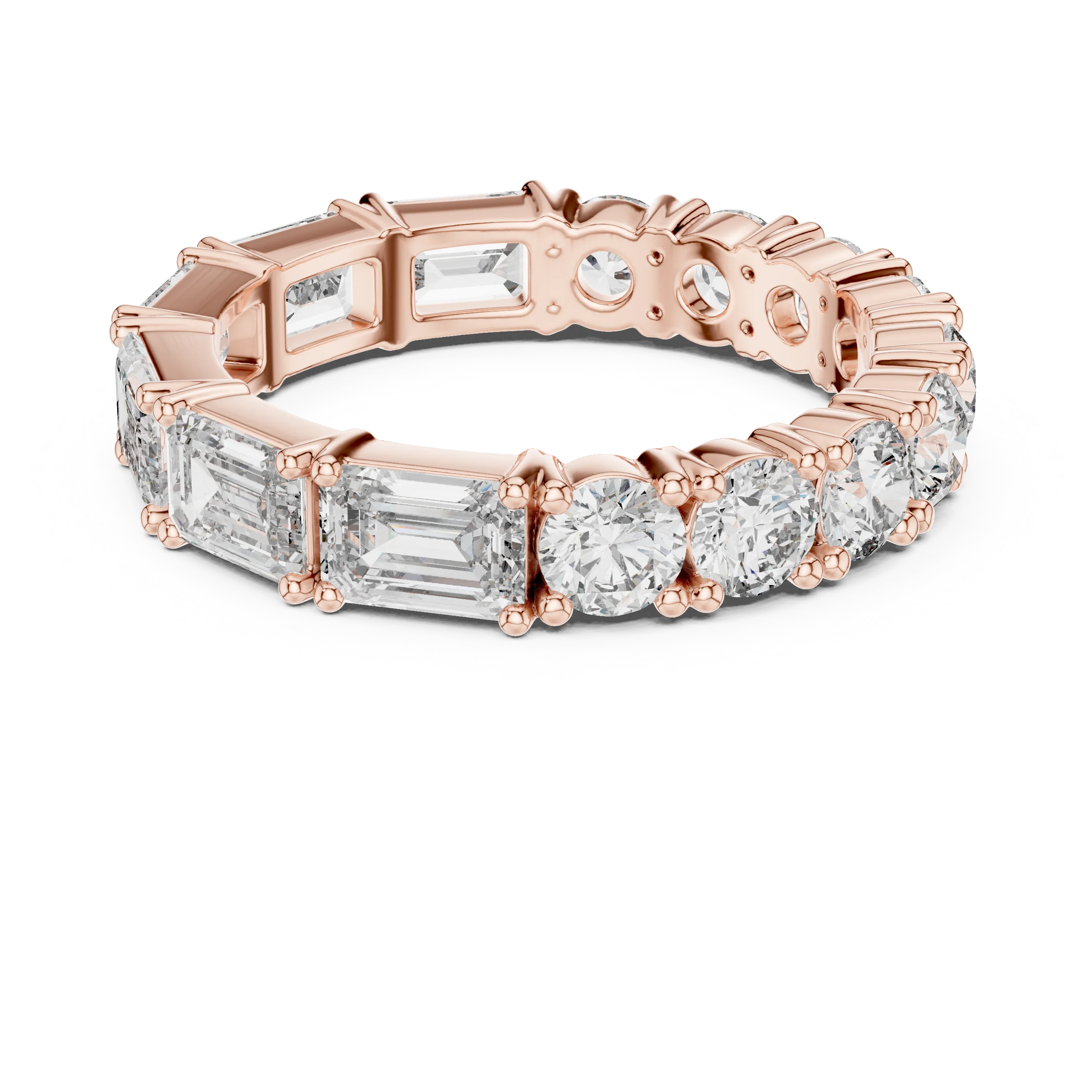 Shared Prong Emerald & Roound Moissanite Eternity Ring 0.99 CTW