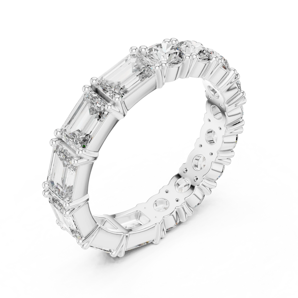 Shared Prong Emerald & Roound Moissanite Eternity Ring 0.99 CTW