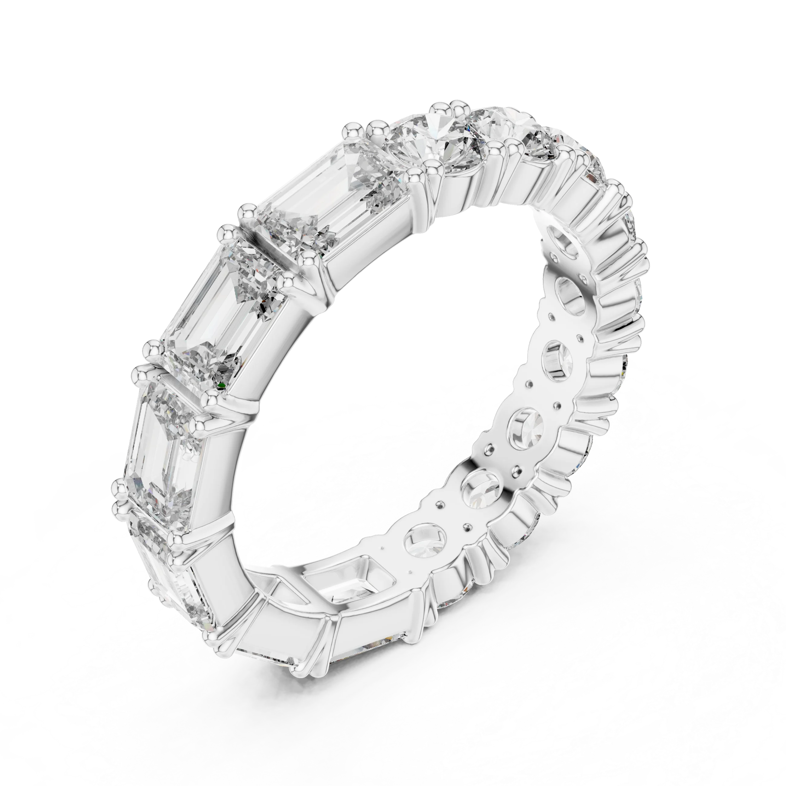 Shared Prong Emerald & Roound Moissanite Eternity Ring 0.99 CTW