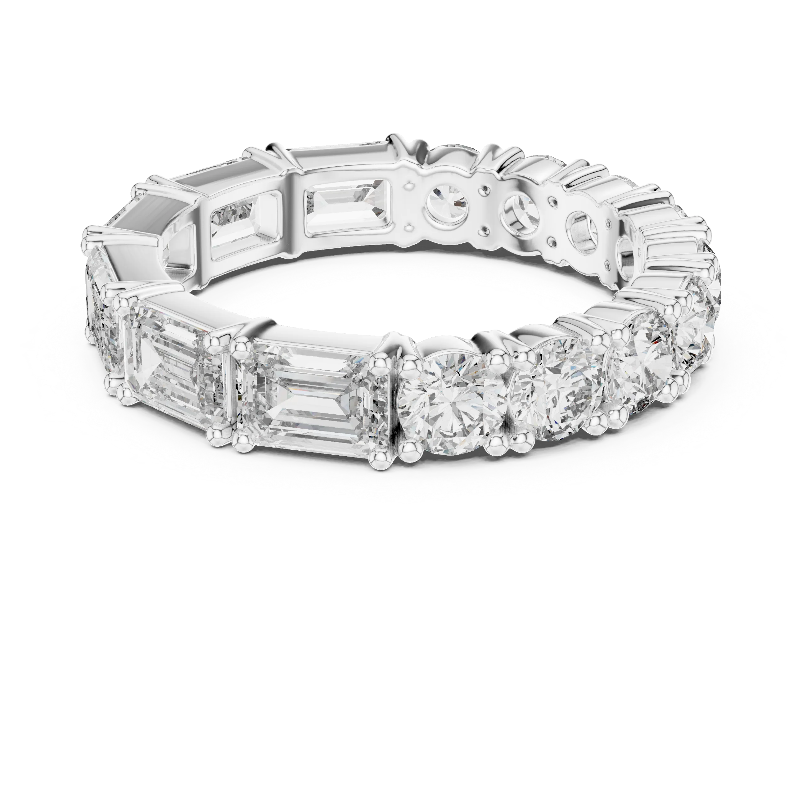Shared Prong Emerald & Roound Moissanite Eternity Ring 0.99 CTW