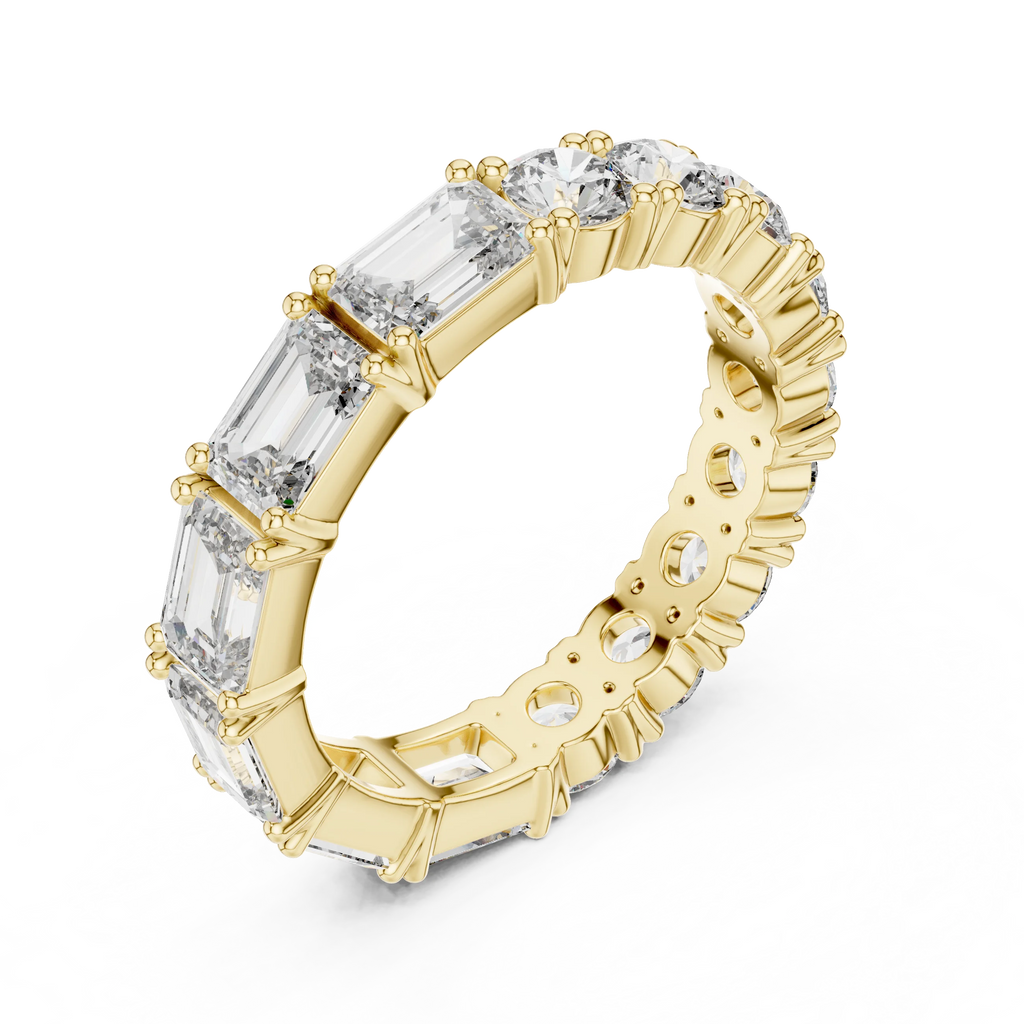 Shared Prong Emerald & Roound Moissanite Eternity Ring 0.99 CTW