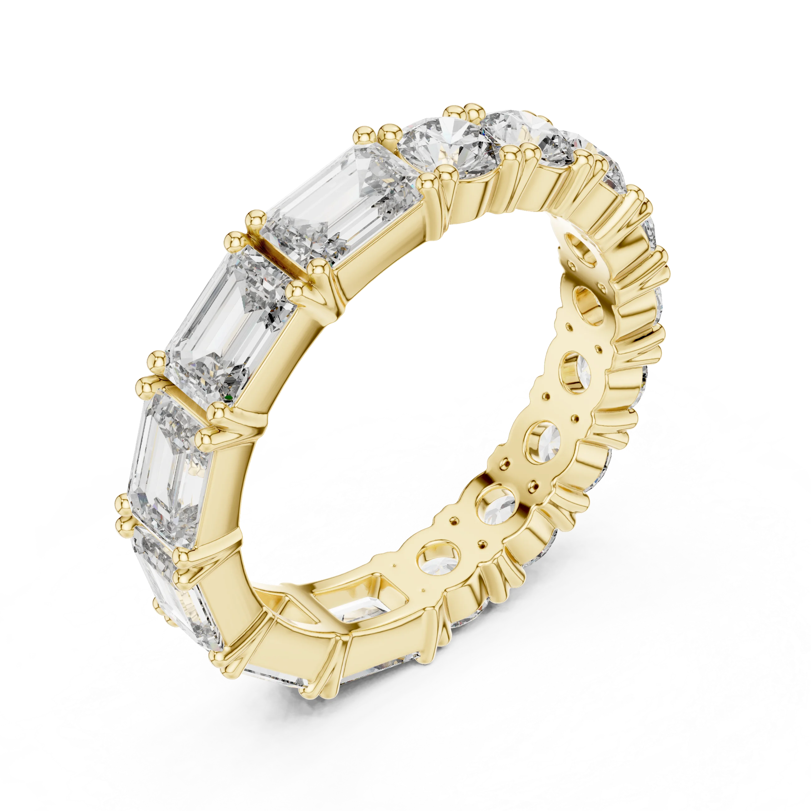 Shared Prong Emerald & Roound Moissanite Eternity Ring 0.99 CTW