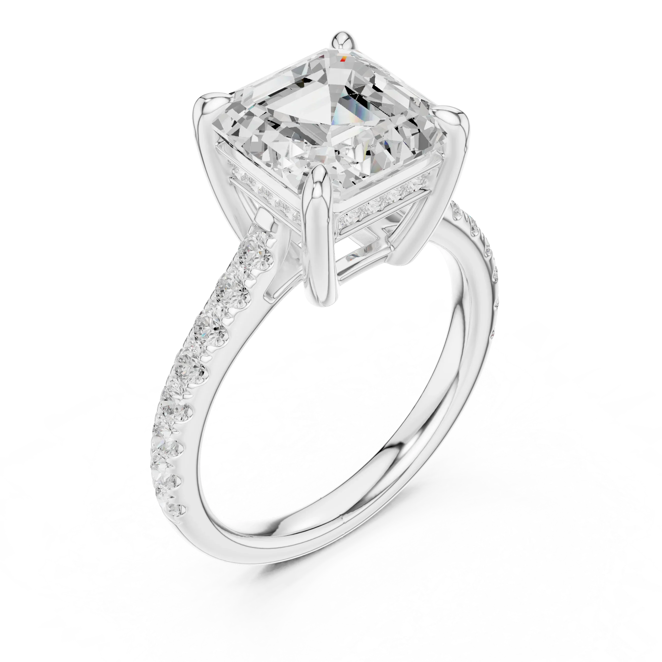 Delicate Hidden Halo 4.59 CTW Asscher Moissanite Engagement Diamond Ring  in 14K White Gold